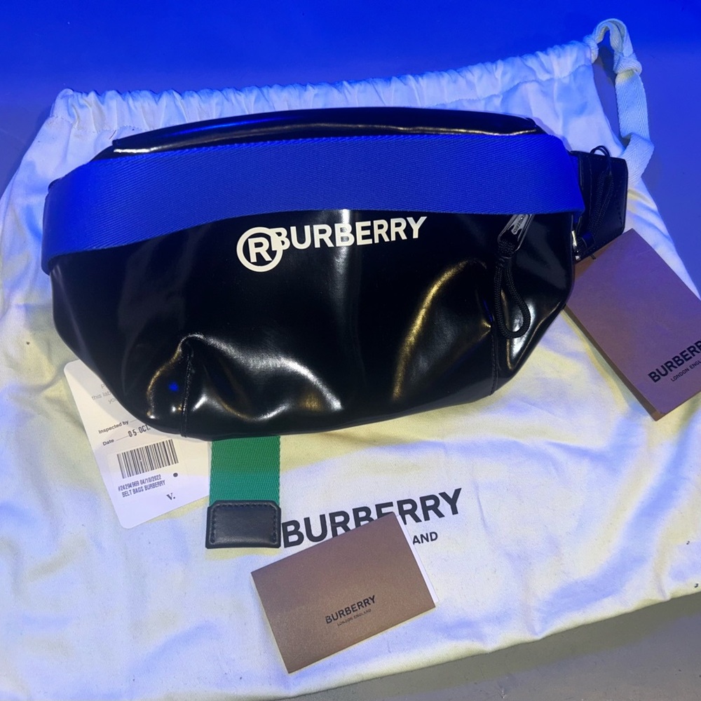 Burberry Black Patent Leather Belt Bag with Royal Blue Strap